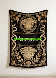Versace Black and Gold Medusa and Floral Print Flannel Throw Blanket IMG_1476